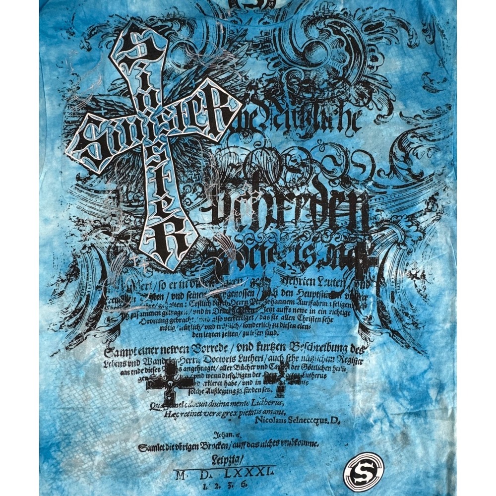 Sinist3r Brand Mens Large Blue Tie Dye Gothic Cross Graphic T-Shirt Cotton - Picture 2 of 6